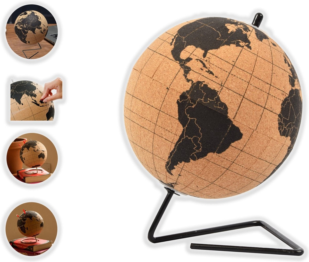 Wereldbol van kurk met metalen standaard - Diameter 15 cm - Kurkbol met gekleurde push-pins - Draaibare wereldbol Kurk - Educatieve wereldkaart - Duurzame roestvrijstalen basis Gemakkelijk draaien - Houd de reizen bij - Stijlvol decor
