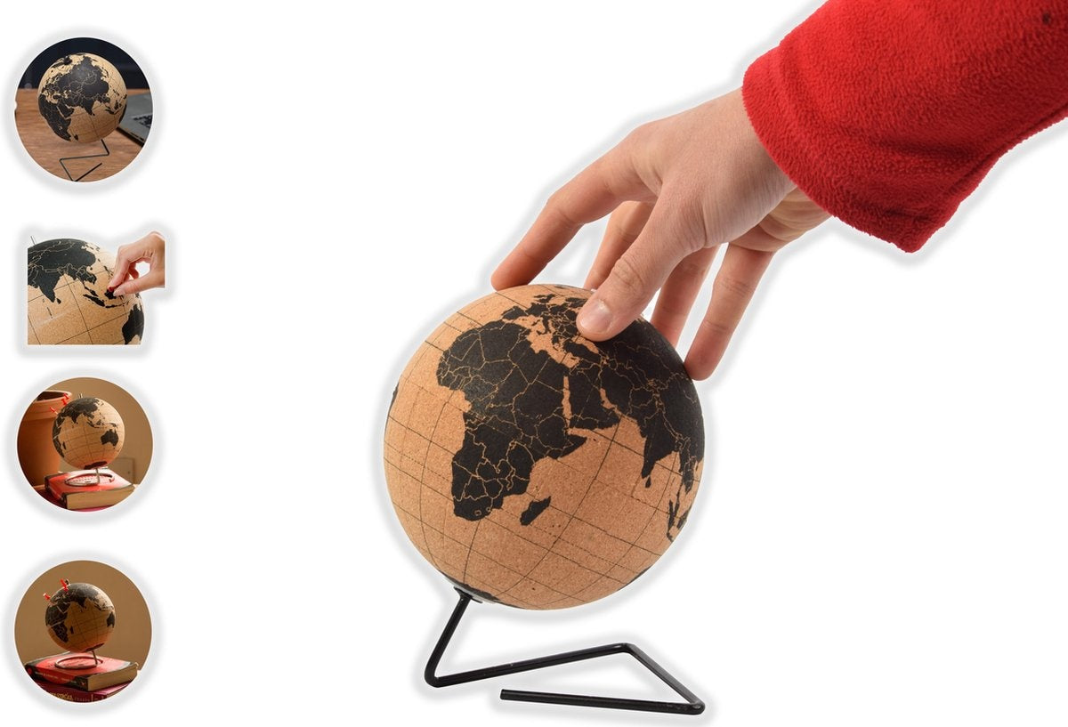 Wereldbol van kurk met metalen standaard - Diameter 15 cm - Kurkbol met gekleurde push-pins - Draaibare wereldbol Kurk - Educatieve wereldkaart - Duurzame roestvrijstalen basis Gemakkelijk draaien - Houd de reizen bij - Stijlvol decor