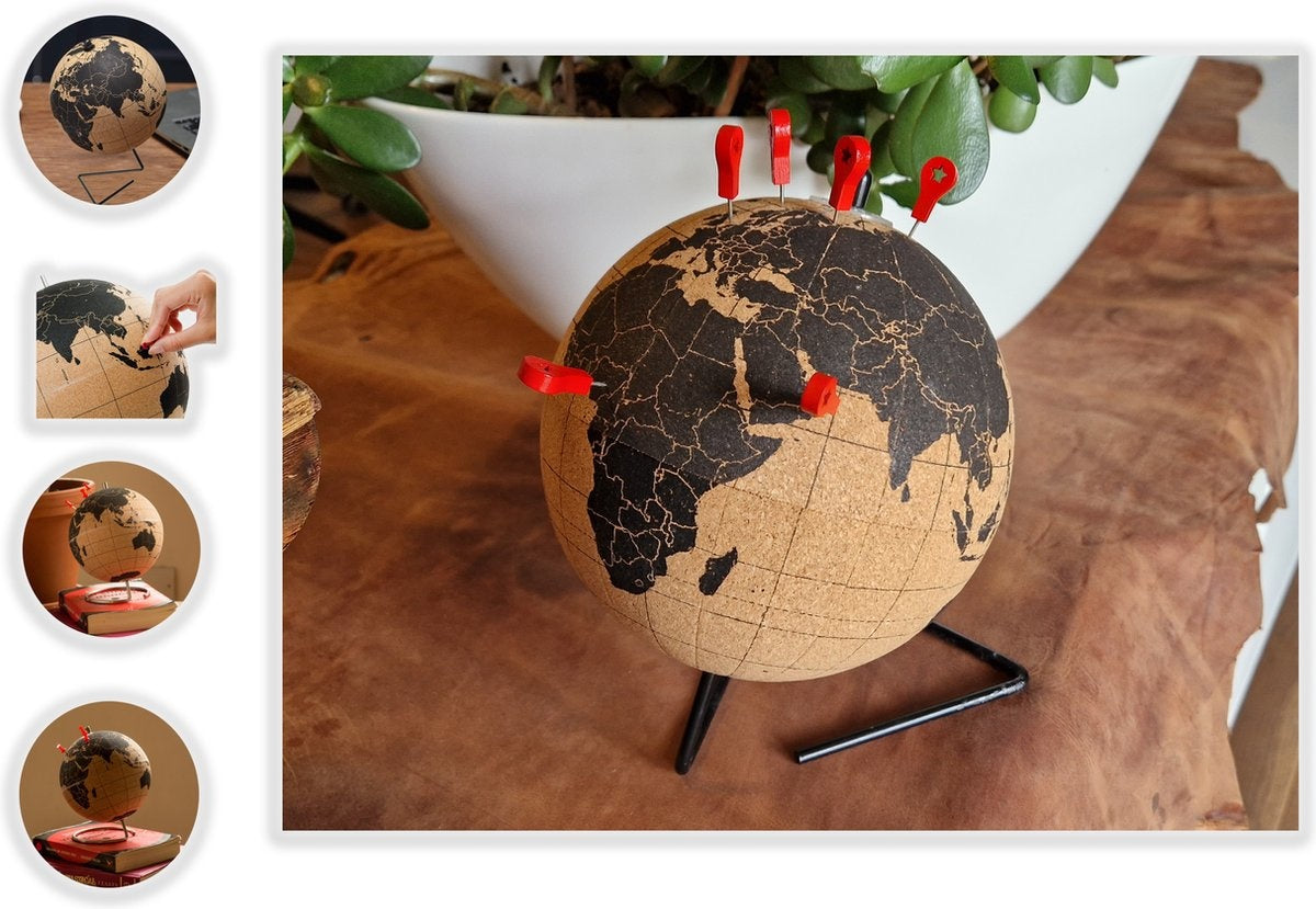 Wereldbol van kurk met metalen standaard - Diameter 15 cm - Kurkbol met gekleurde push-pins - Draaibare wereldbol Kurk - Educatieve wereldkaart - Duurzame roestvrijstalen basis Gemakkelijk draaien - Houd de reizen bij - Stijlvol decor