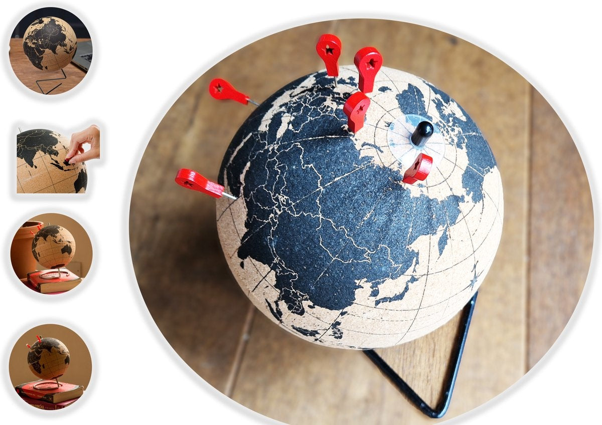 Wereldbol van kurk met metalen standaard - Diameter 15 cm - Kurkbol met gekleurde push-pins - Draaibare wereldbol Kurk - Educatieve wereldkaart - Duurzame roestvrijstalen basis Gemakkelijk draaien - Houd de reizen bij - Stijlvol decor