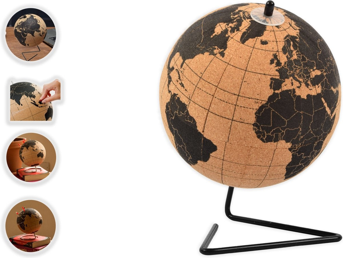 Wereldbol van kurk met metalen standaard - Diameter 15 cm - Kurkbol met gekleurde push-pins - Draaibare wereldbol Kurk - Educatieve wereldkaart - Duurzame roestvrijstalen basis Gemakkelijk draaien - Houd de reizen bij - Stijlvol decor