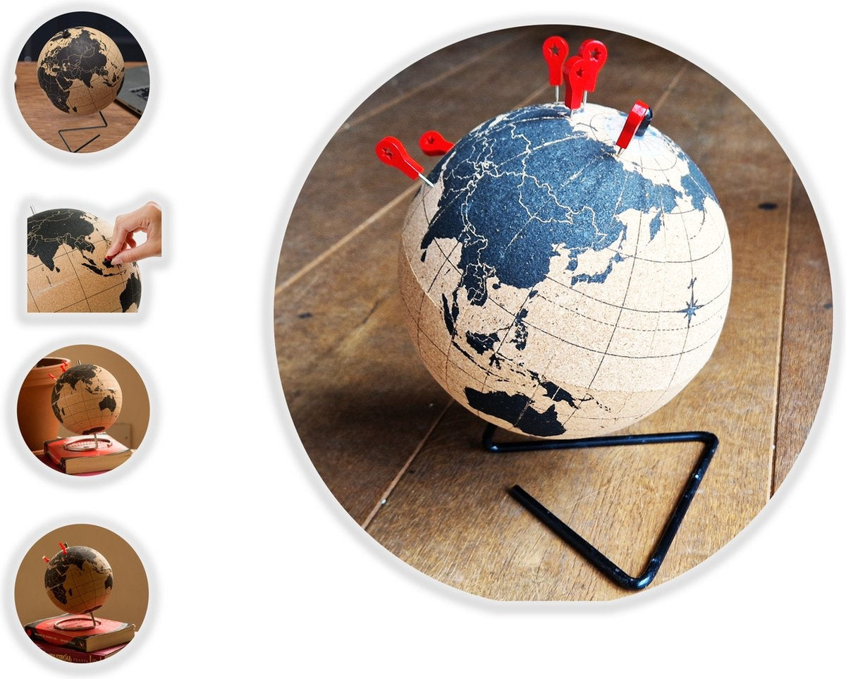 Wereldbol van kurk met metalen standaard - Diameter 15 cm - Kurkbol met gekleurde push-pins - Draaibare wereldbol Kurk - Educatieve wereldkaart - Duurzame roestvrijstalen basis Gemakkelijk draaien - Houd de reizen bij - Stijlvol decor