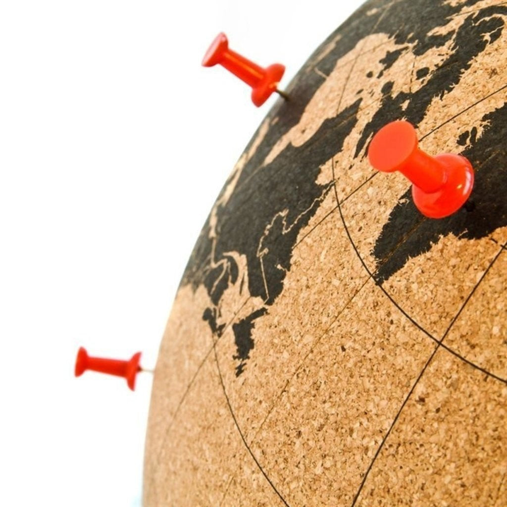 Wereldbol van kurk met metalen standaard - Diameter 15 cm - Kurkbol met gekleurde push-pins - Draaibare wereldbol Kurk - Educatieve wereldkaart - Duurzame roestvrijstalen basis Gemakkelijk draaien - Houd de reizen bij - Stijlvol decor