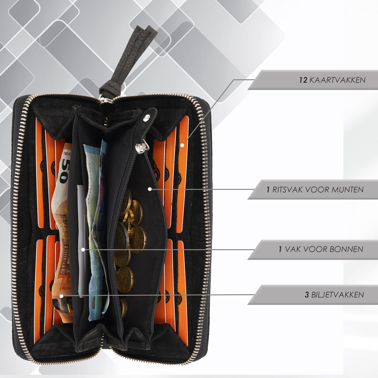 Zwarte Dames Portemonnee Met Rits | Leren Portemonnee met RFID - 12 Pasjeshouders, Briefgeld & Muntvak | 20x10x2.5cm | | Beste Portemonnee als Cadeautjes
