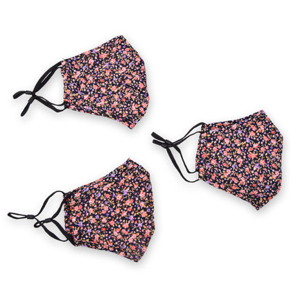 Floral Noir Elegante Zwarte Katoenen Mondmaskers | 3 Stuks | Lengte 24 cm | Breedte 15.5m | Wasbaar en Herbruikbaar | Ideaal voor Stofbescherming en Dagelijks Gebruik 