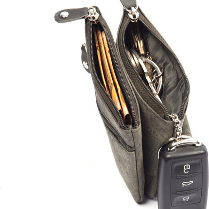 4East® |Sleuteletui portemonnee|Grijs |Groen | portemonnee etui - ring portemonnee - pasjeshouder met rits - rits portemonnee - 3 ritsen portemonnee - buffelleer portemonnee - portemonnee met RFID