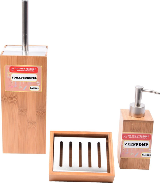 Discountershop set - Badaccessoires bamboe, 3-delige badkamerset van zeepdispenser, zeepbakje en toilet borstel, naturel
