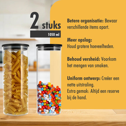 Glazen Voorraadpotten 1050ML - Set van 2  | BPA-vrij | Luchtdichte Bussen met Bamboe Deksel