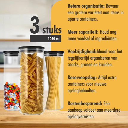 Glazen Voorraadpotten 1050ML - Set van 3  | BPA-vrij | Bewaarpot voor o.a. Pasta, Rijst, Koffie 