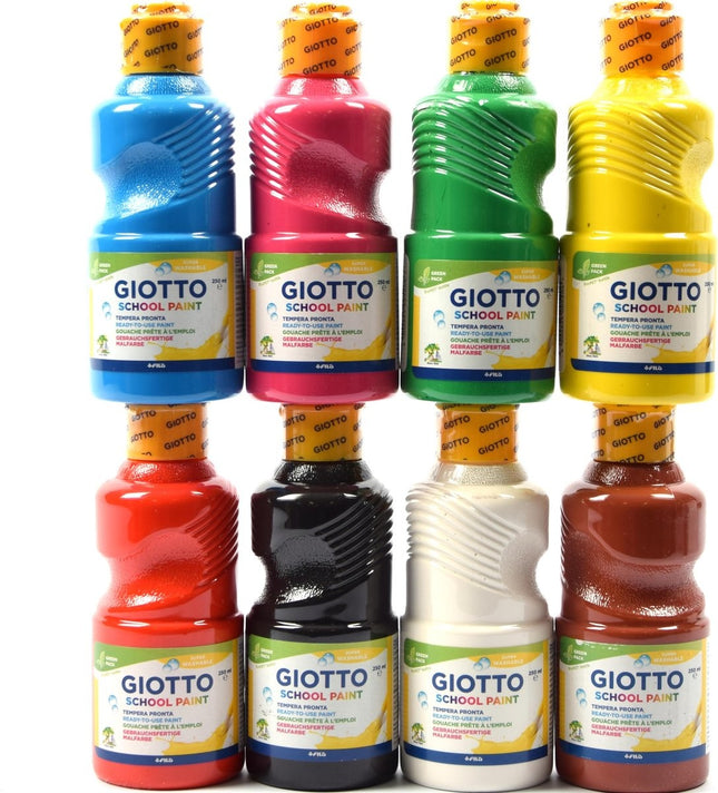 Tempera verf 250 ML - 8 stuks - Blauw - Geel - Groen - Rood - Wit - Zwart - Roze - bruin Set van 8x Acrylverf / temperaverf - 8 kleuren - Fles 250 ml - Tempera / acryl verf - Hobby - knutselmateriaal - Schilderij maken - Verf op waterbasis - Hobby-