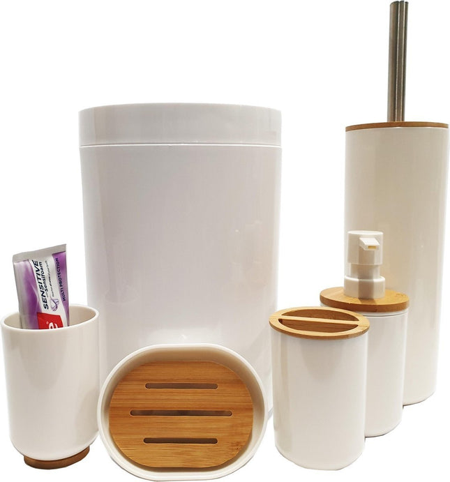 Luxe Toiletborstel Set | Modern Design | Kunststof en Bamboe | Bruin en Wit | 2 Jaar Garantie 