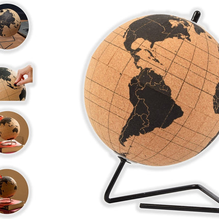 Wereldbol van kurk met metalen standaard - Diameter 15 cm - Kurkbol met gekleurde push-pins - Draaibare wereldbol Kurk - Educatieve wereldkaart - Duurzame roestvrijstalen basis Gemakkelijk draaien - Houd de reizen bij - Stijlvol decor
