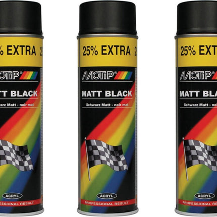 Motip verf 3 stuks spuitverf Mat zwart sneldrogend 500 mL voor metaal , hout, aluminium en steen - 25 % EXTRA 
