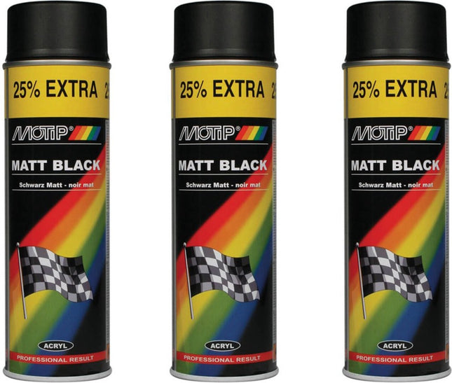 Motip verf 3 stuks spuitverf Mat zwart sneldrogend 500 mL voor metaal , hout, aluminium en steen - 25 % EXTRA 