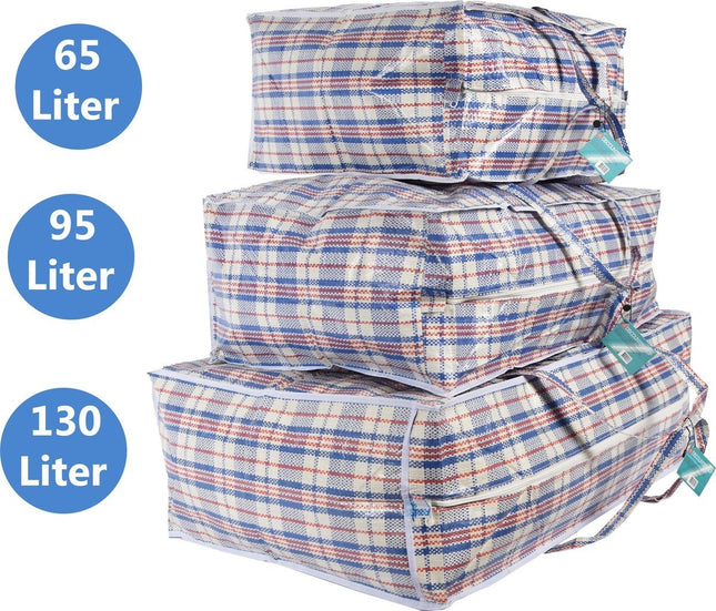Discountershop® Opbergtas 130, 95 en 65 liter | Big shopper Jumbo shoppers | Reistas extra groot | Grote boodschappentas | Zak geruit | Mega tas | Wastas | Boodschappentas met rits – 3 stuks -opbergtas