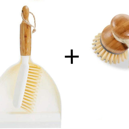 Luxe Set Stoffer en Blik Bamboe|veeggarnituur bamboe Duurzaam beige 37x25cm| Afwasborstel - keukenborstel - rond handvat 10xØ7cm 80gr