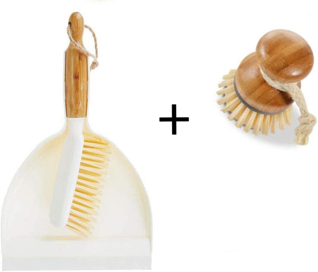 Luxe Set Stoffer en Blik Bamboe|veeggarnituur bamboe Duurzaam beige 37x25cm| Afwasborstel - keukenborstel - rond handvat 10xØ7cm 80gr