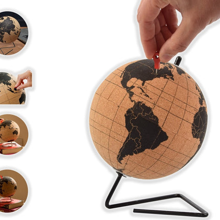 Wereldbol van kurk met metalen standaard - Diameter 15 cm - Kurkbol met gekleurde push-pins - Draaibare wereldbol Kurk - Educatieve wereldkaart - Duurzame roestvrijstalen basis Gemakkelijk draaien - Houd de reizen bij - Stijlvol decor