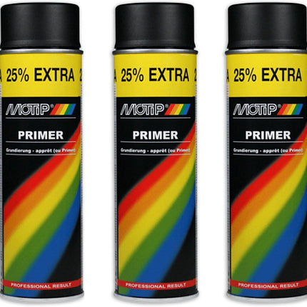Motip verf 3 stuks spuitverf Primer zwart sneldrogend 500 mL voor metaal , hout, aluminium en steen - 25 % EXTRA  