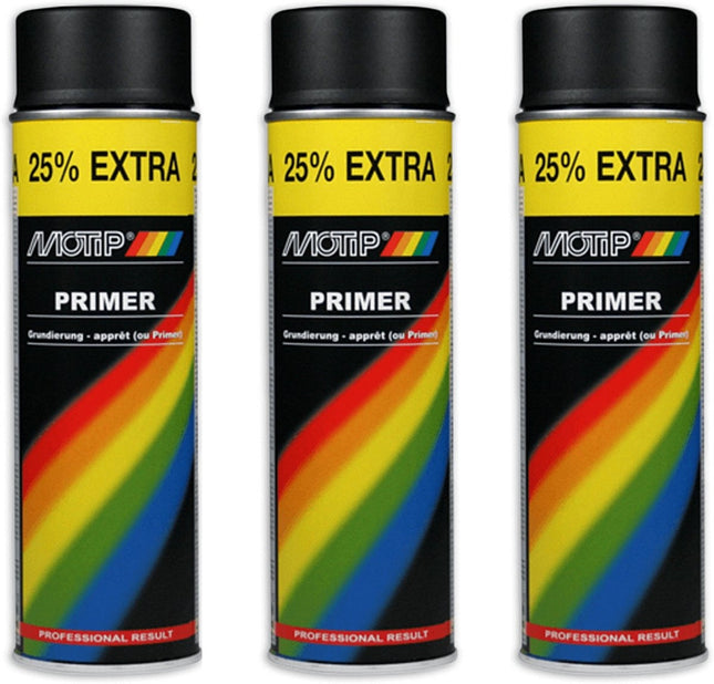 Motip verf 3 stuks spuitverf Primer zwart sneldrogend 500 mL voor metaal , hout, aluminium en steen - 25 % EXTRA  