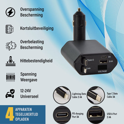 Autolader 12V Snellader USB C & Lightning - 4-in-1 Oplader voor iPhone, Apple, Android & Samsung - Universele Autolader met Meerdere Aansluitingen