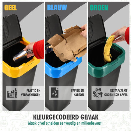 Prullenbak set van 3 - 18L Afvalscheidingsbakken met schommeldeksel - Zwart - 42x22x16 cm - Ideaal voor Afvalbeheer