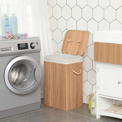 Wasmand bamboe | Linnen | Opvouwbaar | Opbergmand | Laundry basket | Mand voor wasgoed | Met deskel | Met handvaten | Inclusief waszak | Natuurlijk hout | 60L | 40x30x50cm