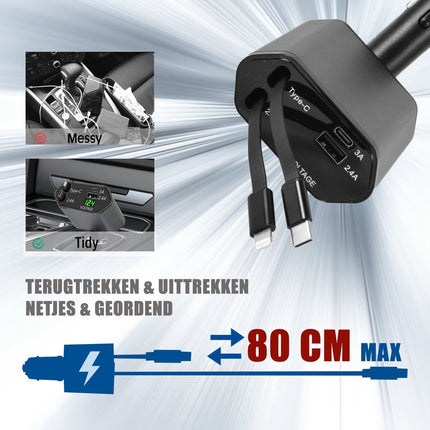 Autolader 12V Snellader USB C & Lightning - 4-in-1 Oplader voor iPhone, Apple, Android & Samsung - Universele Autolader met Meerdere Aansluitingen