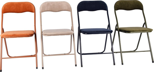 4x Klapstoel met zithoogte van 43 cm Vouwstoel velvet zitvlak en rug bekleed - stoel- tafelstoel - klapstoel - Velvet klapstoel - Luxe klapstoel - Met kussentjes - Stoelen - Klapstoelen - Stoeltje - Premium chair Camel - Groen - Donkerblauw - Beige