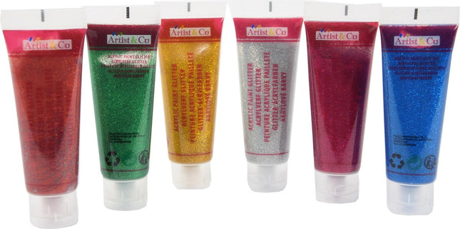 Acrylverf set van 6 tubes glitterverf - 450 ml - Hobbyverf 