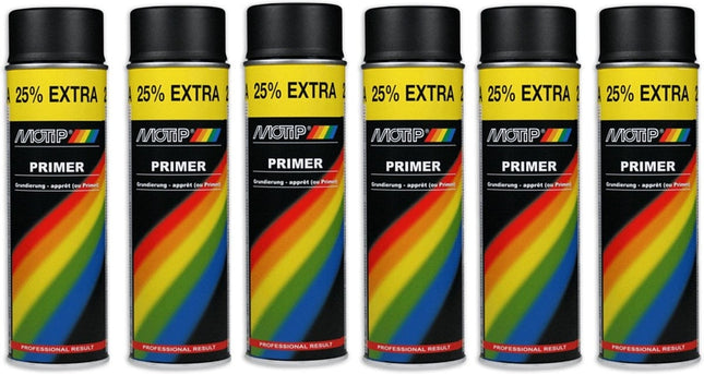 Motip verf primer Grondverf 6 stuks Spuitbus Primer zwart sneldrogend 500 ML voor metaal , hout, aluminium en steen - 25 % EXTRA