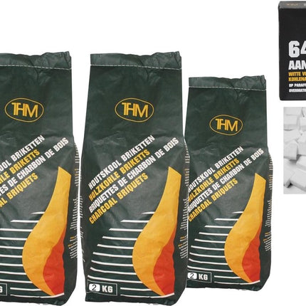 4 X houtskoolbriketten 2 KG per - inclusief aanmaakblokjes 64 Stuks - Barbecue - BBQ - 4 Stuks