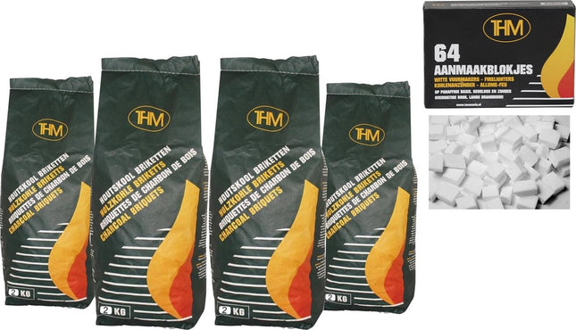 4 X houtskoolbriketten 2 KG per - inclusief aanmaakblokjes 64 Stuks - Barbecue - BBQ - 4 Stuks