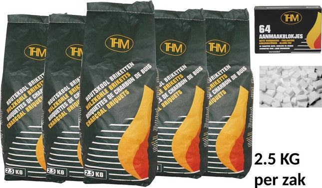 5 X houtskoolbriketten 2.5 Kg per -inclusief aanmaakblokjes 64 Stuks - Barbecue - BBQ - 5 Stuks - Totaal 12.5KG