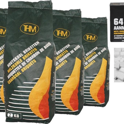 5 X houtskoolbriketten 2 Kg per -inclusief aanmaakblokjes 64 Stuks - Barbecue - BBQ - 5 Stuks