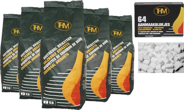 5 X houtskoolbriketten 2 Kg per -inclusief aanmaakblokjes 64 Stuks - Barbecue - BBQ - 5 Stuks