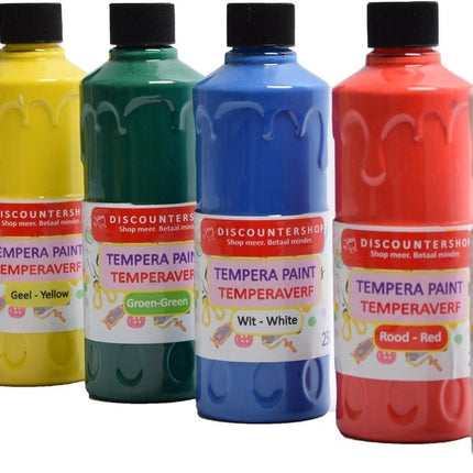 Tempera verf 250 ML - 6 stuks - Blauw - Geel - Groen - Rood - Wit - Zwart - Set van 6x Acrylverf / temperaverf - 6 kleuren - Fles 250 ml - Tempera / acryl verf - Hobby - knutselmateriaal - Schilderij maken - Verf op waterbasis - Hobby