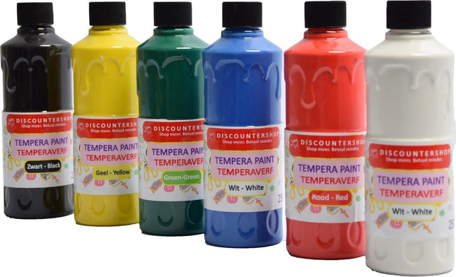 Tempera verf 250 ML - 6 stuks - Blauw - Geel - Groen - Rood - Wit - Zwart - Set van 6x Acrylverf / temperaverf - 6 kleuren - Fles 250 ml - Tempera / acryl verf - Hobby - knutselmateriaal - Schilderij maken - Verf op waterbasis - Hobby