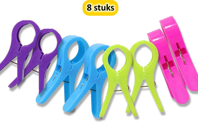 Handige Set van 8 Grote Plastic Badlaken Knijpers - Strandlaken knijpers - Badhanddoekknijpers - Zwembadstoelknijpers - XXL Knijpers (13 cm) - Sterke Grip voor je Strand- en Zwembadavonturen!