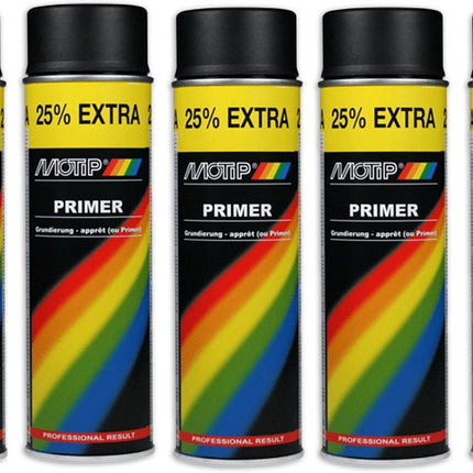 Motip verf 5 stuks spuitverf Primer zwart sneldrogend 500 mL voor metaal , hout, aluminium en steen - 25 % EXTRA   