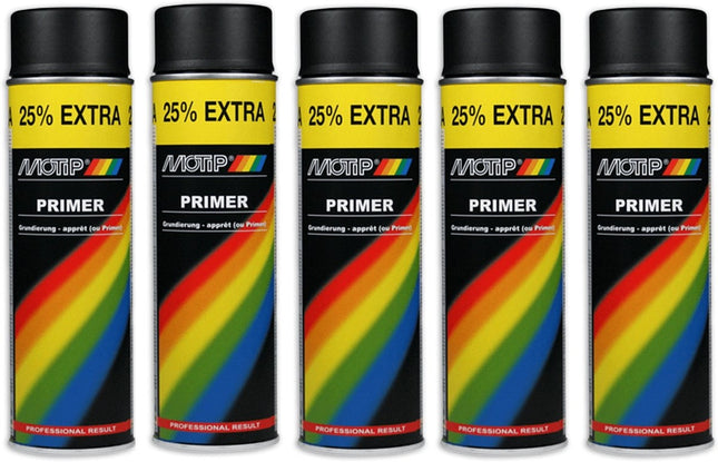 Motip verf 5 stuks spuitverf Primer zwart sneldrogend 500 mL voor metaal , hout, aluminium en steen - 25 % EXTRA   