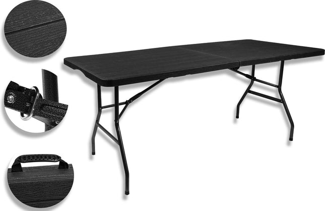 Praktische Vouwtafel: Veilig en Stijlvol - Grote Houtlook Klaptafel voor Terras, Camping en Meer - Eenvoudig Inklapbaar met Veiligheidsgrendel - Handige Buffettafel en Koffertafel - Afmetingen: 180 x 76 x 74 cm - Kleur: Zwart