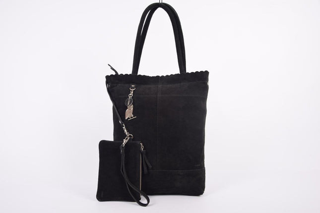 Shopper met een sleutelhanger van 4EAST, Leer shopper met kleine portemonnee Suéde Shopper Akko 4east Beige Akko 4east Black