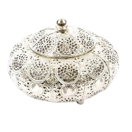 Oosterse Metalen Sieradendoos zilver rond | Juwelendoosje | bewaarblik | Juwelenkistje | Sieradenkistje | Kaarsenhouder | Sieradendoos metaal 16X13CM
