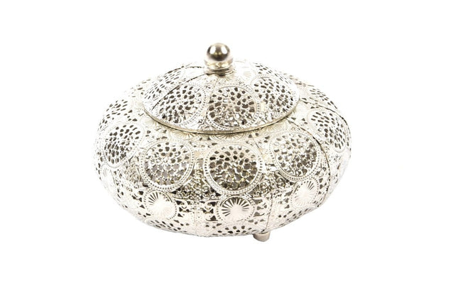 Oosterse Metalen Sieradendoos zilver rond | Juwelendoosje | bewaarblik | Juwelenkistje | Sieradenkistje | Kaarsenhouder | Sieradendoos metaal 16X13CM