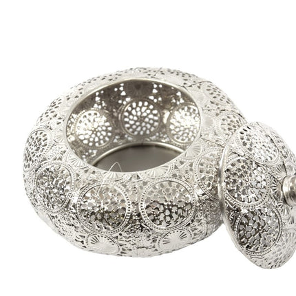 Oosterse Metalen Sieradendoos zilver rond | Juwelendoosje | bewaarblik | Juwelenkistje | Sieradenkistje | Kaarsenhouder | Sieradendoos metaal 16X13CM