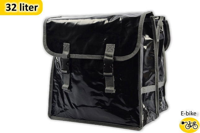Dubbele fietstas stijlvolle Waterdichte Dubbele Fietstas Deluxe - 32 liter geschikt voor E-bike, Donkergrijze Banden, Bisonyl, Afmetingen: 34.5 x 13.5 x 33.5 cm