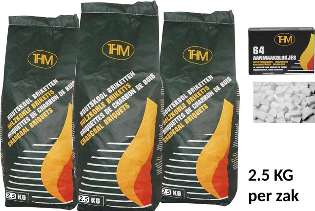3X houtskoolbriketten van 2.5 KG inclusief aanmaakblokjes 64 Stuks - Barbecue - BBQ - 3 Stuks - Totaal 7.5 KG
