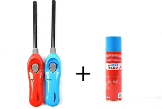 1x Gasbus butaan gasfles 250 ml vulling Incl 2x gasaansteker 26cm barbecue aanstekers