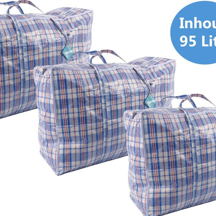 Discountershop® XL Opbergtas 95 liter | Big shopper Jumbo shoppers | Reistas extra groot | Grote boodschappentas | Zak geruit | Mega tas | Wastas | Boodschappentas met rits – 3 stuks -opbergtas